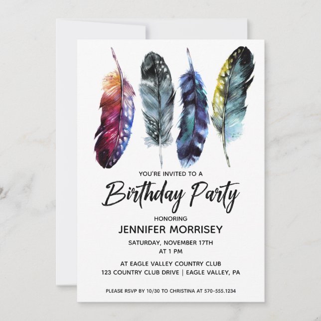 Birthday Party for Women Boho Style Feathers Invitation (Front)