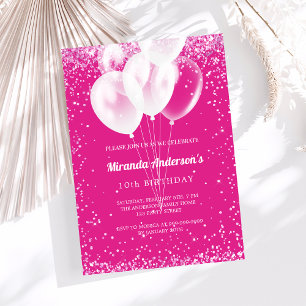Birthday party girl hot pink white balloons invitation
