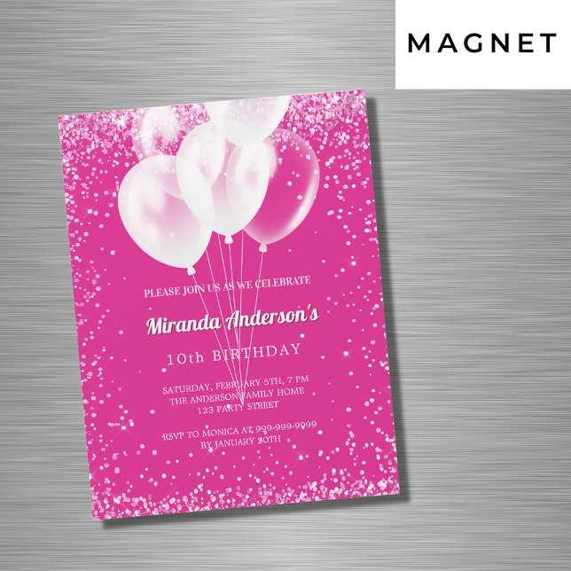 Birthday party girl hot pink white balloons luxury magnetic invitation (Creator Uploaded)