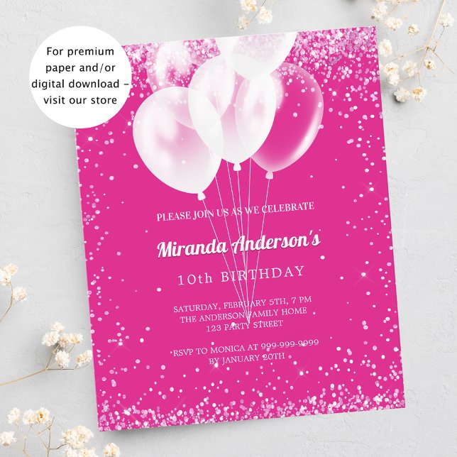 Birthday party girl pink balloon budget invitation (Creator Uploaded)