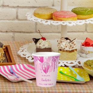 Birthday party girl pink balloons name paper cups