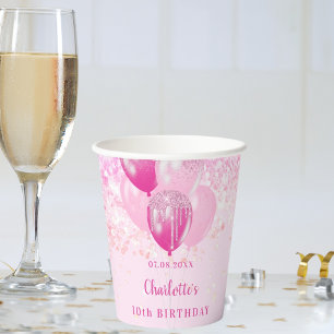 Birthday party girl pink glitter balloons paper cups