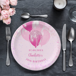 Birthday party girl pink glitter balloons paper plate