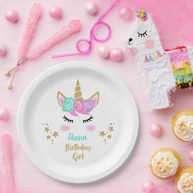 Birthday Party Girl Plate with Unicorn & Name (Party)
