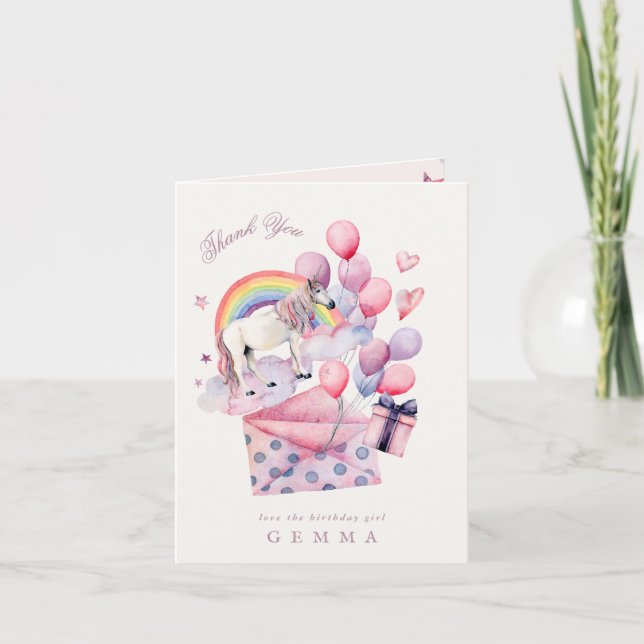 Birthday Party Girl Rainbow Balloons Unicorn Pink Thank You Card (Front)