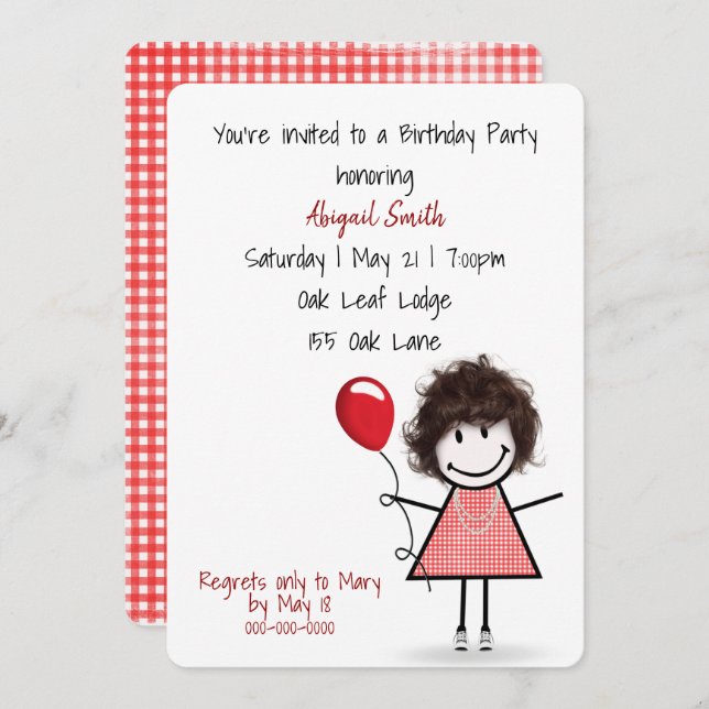 Birthday Party Girl with Red Balloon   Invitation (Front/Back)