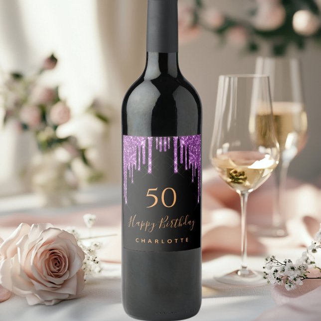 Birthday party glitter black purple elegant wine label (Creator Uploaded)