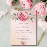 Birthday party glitter blush pink rose gold floral invitation<br><div class="desc">A romantic invitation for a 50th (or any age) birthday party. A rose gold and blush pink gradient background. A large pink watercolored rose, green leaves, foliage with small golden flowers. A rose gold faux glitter drip ribbon behind the flowers. Personalise and add a name and party details. Dark rose...</div>