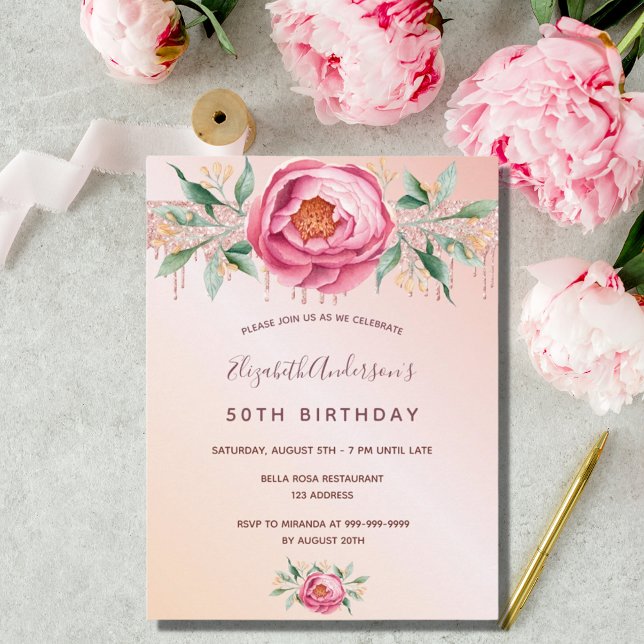 Birthday party glitter blush pink rose gold floral invitation (Creator Uploaded)