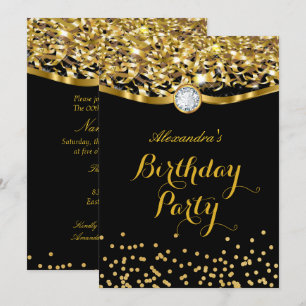 Birthday Party Glitter Gold Black Invitation