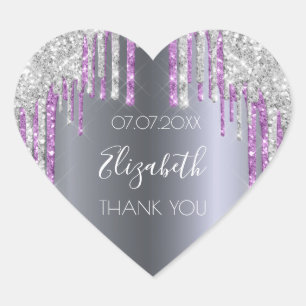 Birthday party glitter silver purple Thank You Heart Sticker