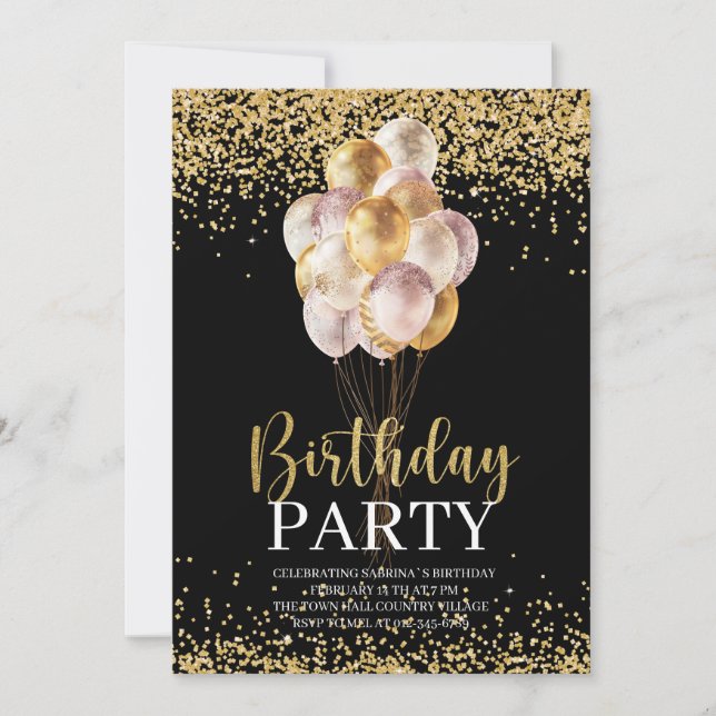 Birthday Party Gold and Black Personalised Invitation (Front)