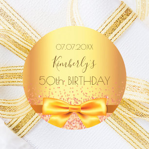 Birthday party gold bow name classic round sticker