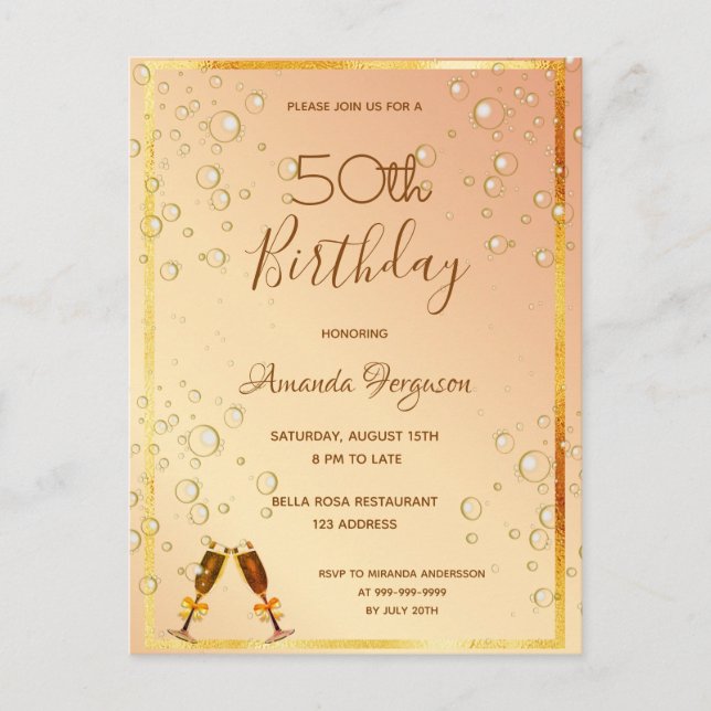 Birthday party gold champagne invitation postcard (Front)