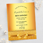 Birthday party gold elegant bow invitation postcard<br><div class="desc">A modern, stylish and glamourous invitation for a woman's 50th or any age birthday party. A faux gold metallic looking background with an elegant faux gold bow, ribbon and sparkle. The name is written with a modern black hand lettered style script. Templates for a name, age and your party details....</div>