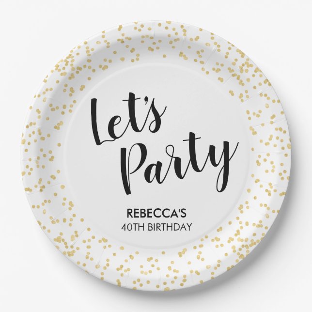 Birthday Party Gold Faux Foil Confetti Let's Party Paper Plate (Front)
