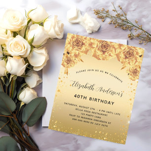 Birthday party gold roses floral invitation