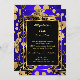 Birthday Party Gold Royal Blue Floral Invitation