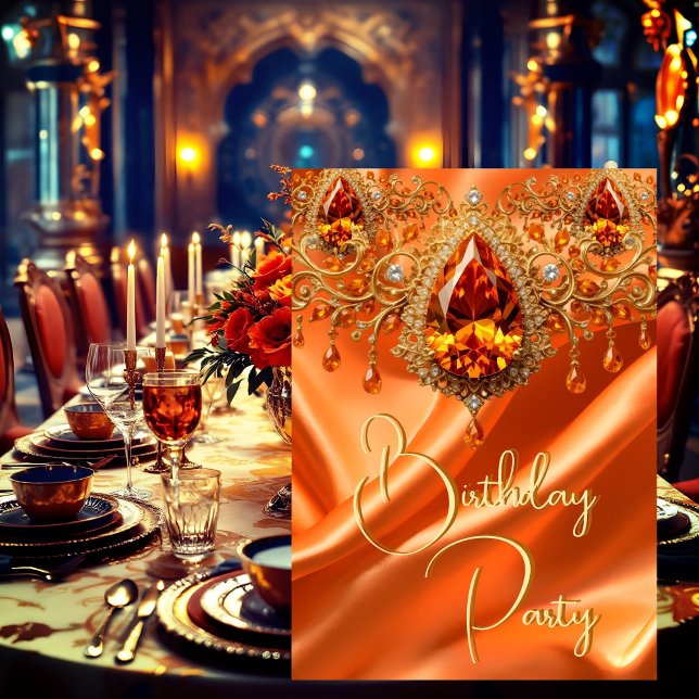 Birthday Party Gold Silk Orange jewel Invitation (Creator Uploaded)