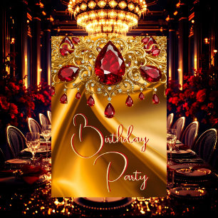 Birthday Party Gold Silk Ruby Red jewel Invitation