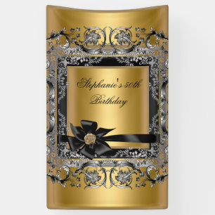 Birthday Party Gold Silver Black Bow Banner