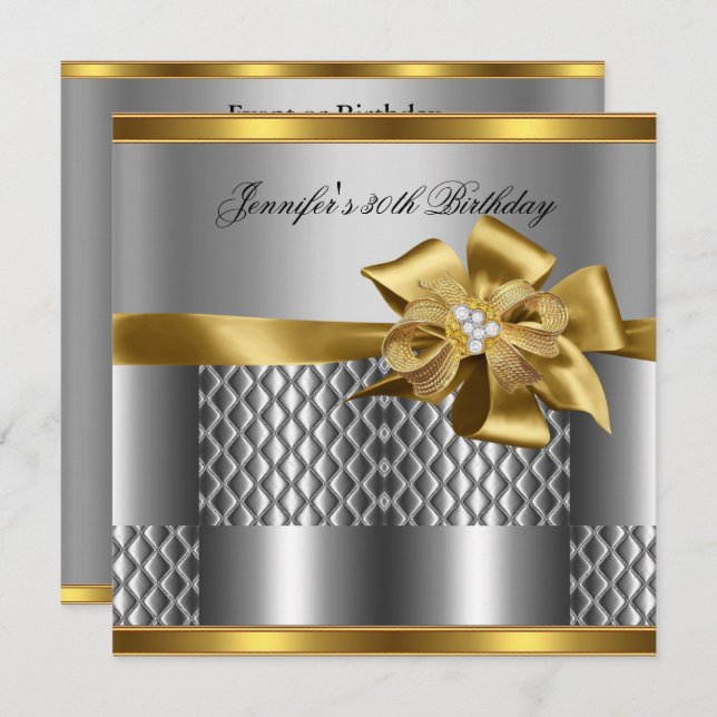 Birthday Party Gold Tile Trim Silver Grey Diamond Invitation (Front/Back)