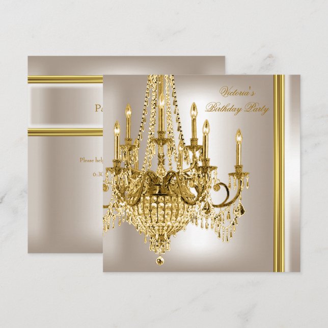 Birthday Party Gold White Cream Chandelier 2 Invitation (Front/Back)