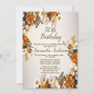 Birthday Party Golden Orange White Flowers Rustic Invitation