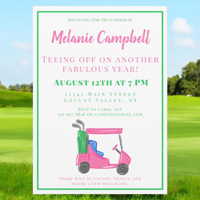 Birthday Party Golfer Golf Preppy Pink Golf Cart Invitation (Creator Uploaded)