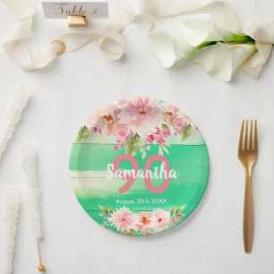 Birthday party green wood blush florals paper plate