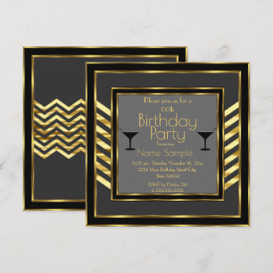 Birthday Party Grey Black Gold Art Deco Martini Invitation