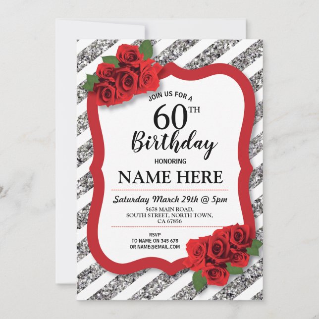 Birthday Party Grey Red Roses Silver Glitter 60th Invitation (Front)