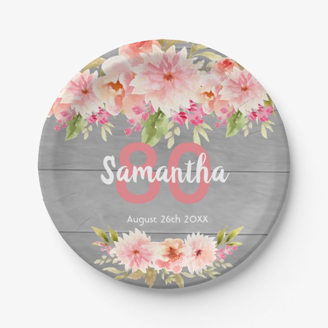 Birthday party grey wood blush florals paper plate (Front)