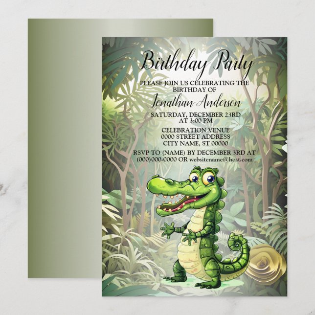 Birthday Party Happy Cute Wild Crocodile Jungle Invitation (Front/Back)