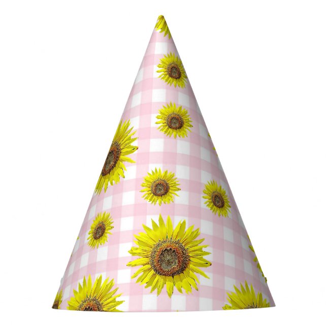Birthday Party Hat Pink Gingham Sunflower Themed (Front)