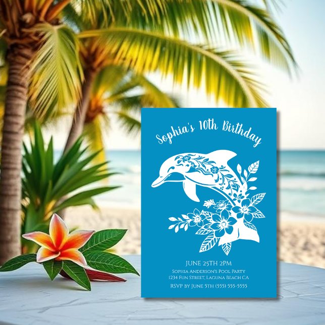 Birthday Party-Hawaiian Dolphin Tropical Flowers  Invitation (Hawaiian Dolphin, Flippin Fabulous, Islander Summer, Beach, Fisherman Trend, wine tumbler,)