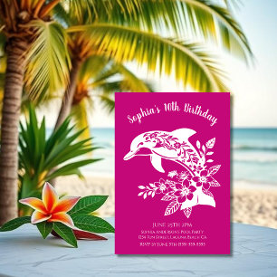 Birthday Party-Hawaiian Dolphin Tropical Flowers  Invitation