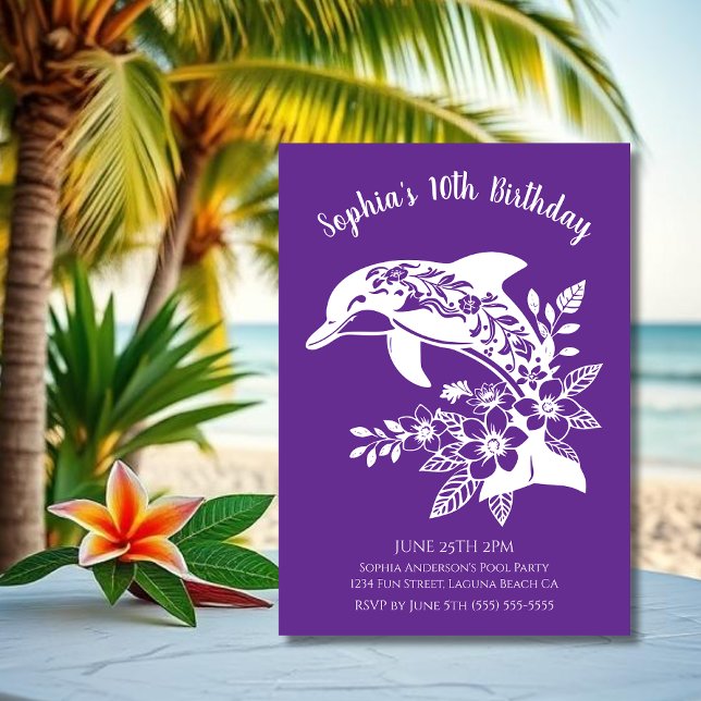 Birthday Party-Hawaiian Dolphin Tropical Flowers  Invitation (Hawaiian Dolphin, Flippin Fabulous, Islander Summer, Beach, Fisherman Trend, wine tumbler,)