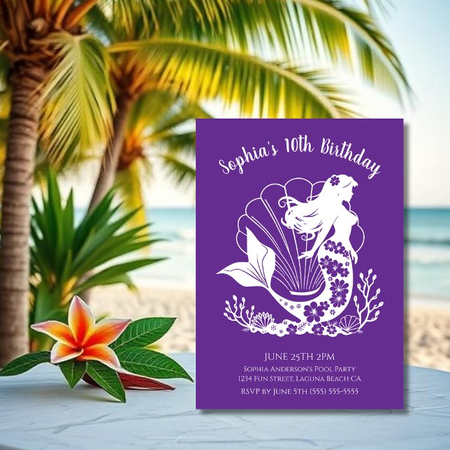 Birthday Party-Hawaiian Mermaid Invitation (Hawaiian Mermaid Tropical Flowers Sea Shells Coral, Summer Beach, Fisherman Style Birthday )