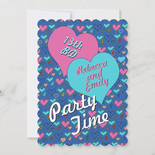 Birthday Party Hearts Teen Twins Custom Invitation (Front)