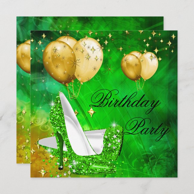 Birthday Party High Heels Lime Green Gold Invitation (Front/Back)