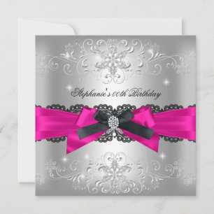 Birthday Party Hot Pink Black Bow Glitter Silver Invitation