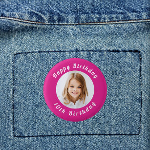 Birthday party hot pink photo girl 3 cm round badge