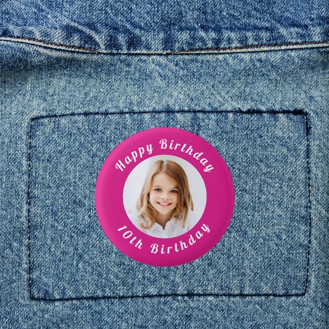 Birthday party hot pink photo girl 3 cm round badge (Creator Uploaded)