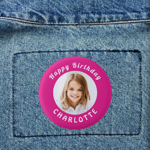 Birthday party hot pink photo girl name 3 cm round badge