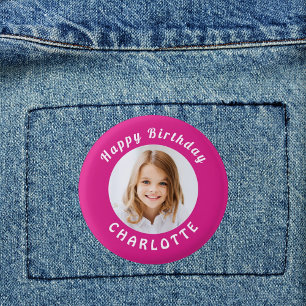 Birthday party hot pink photo girl name 3 cm round badge
