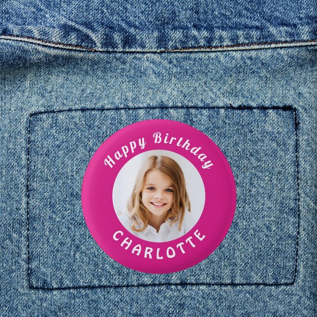 Birthday party hot pink photo girl name 3 cm round badge (Creator Uploaded)