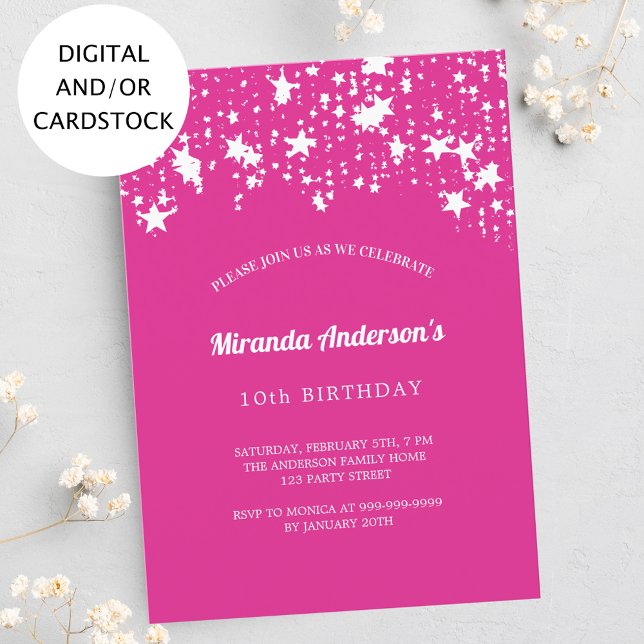 Birthday party hot pink white stars girl invitation (Creator Uploaded)