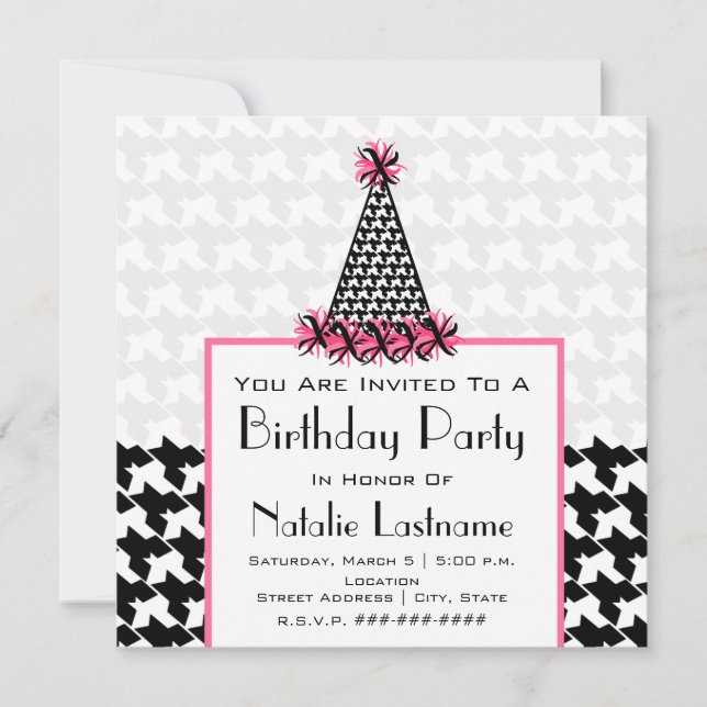 Birthday Party - Houndstooth & Pink Party Hat Invitation (Front)