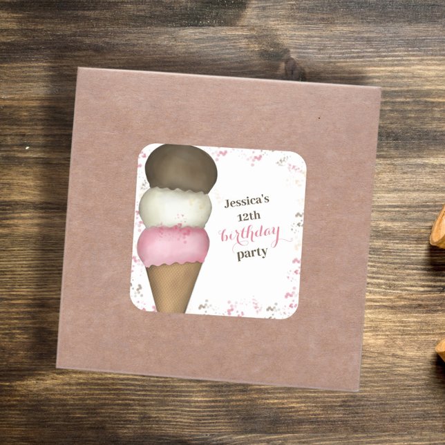 Birthday Party Ice Cream Custom Favour Square Sticker (Creator Uploaded)